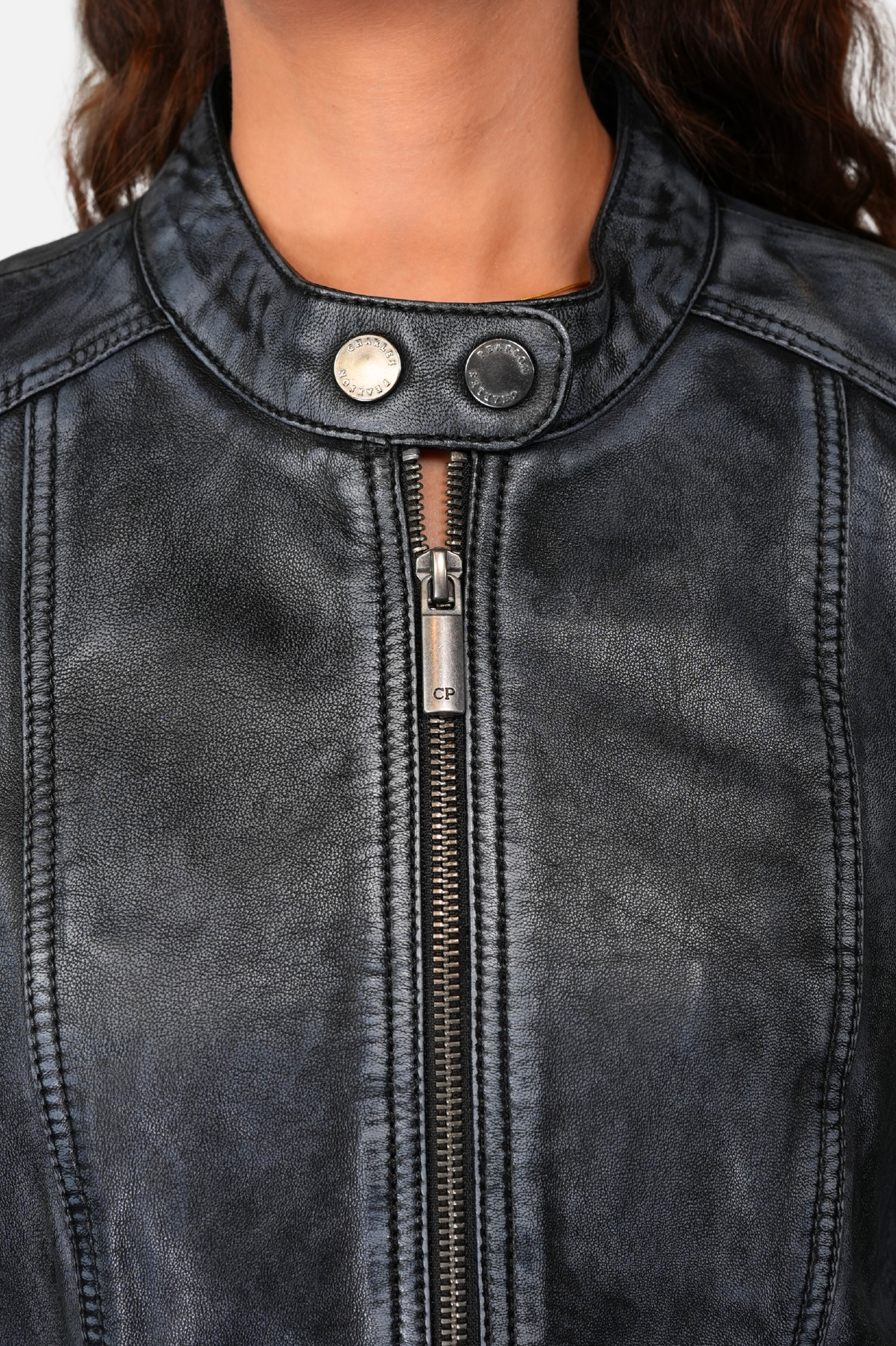 Black distressed leather jacket for women 