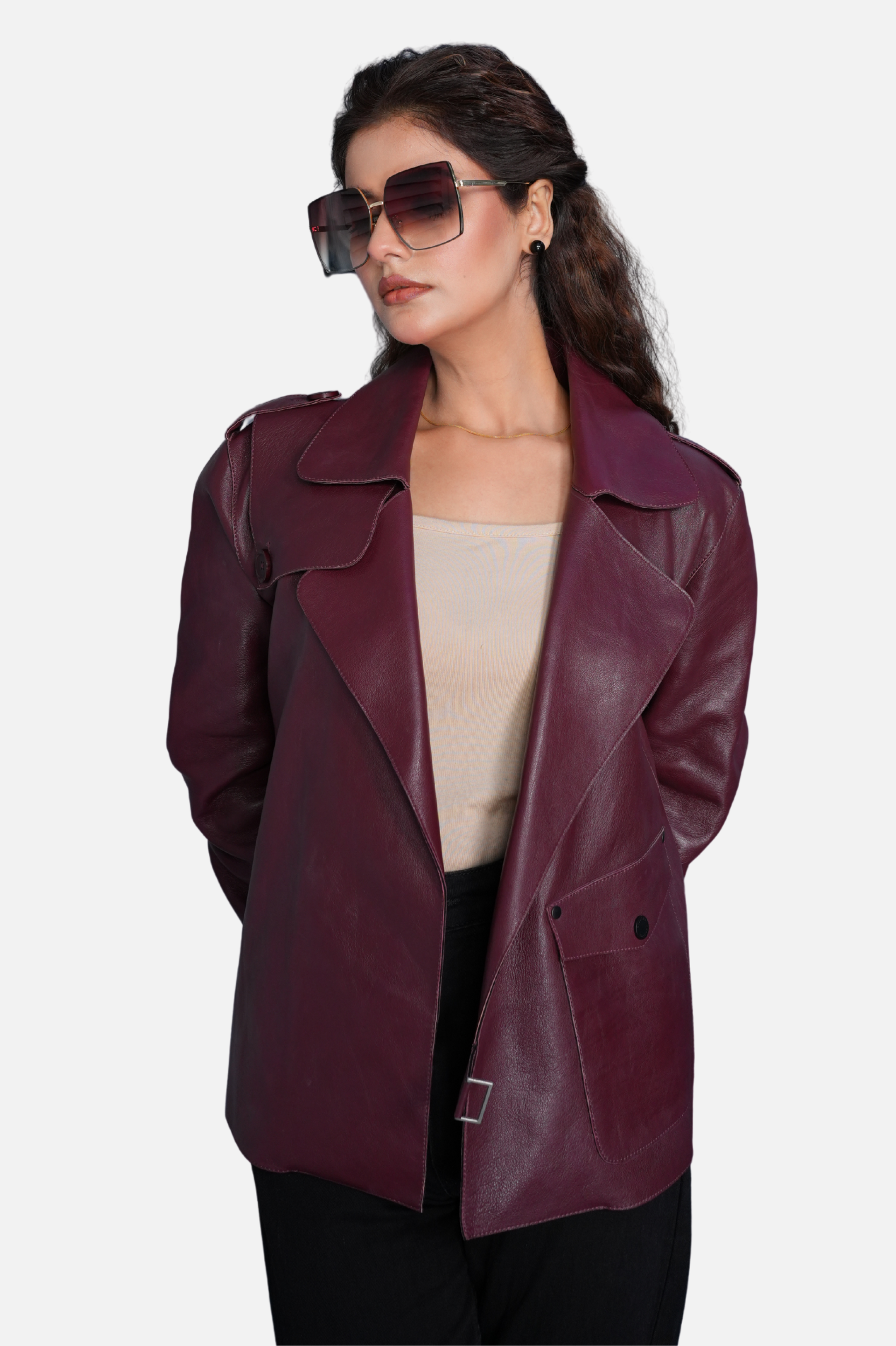 Double-breasted leather cropped jacket burgundy