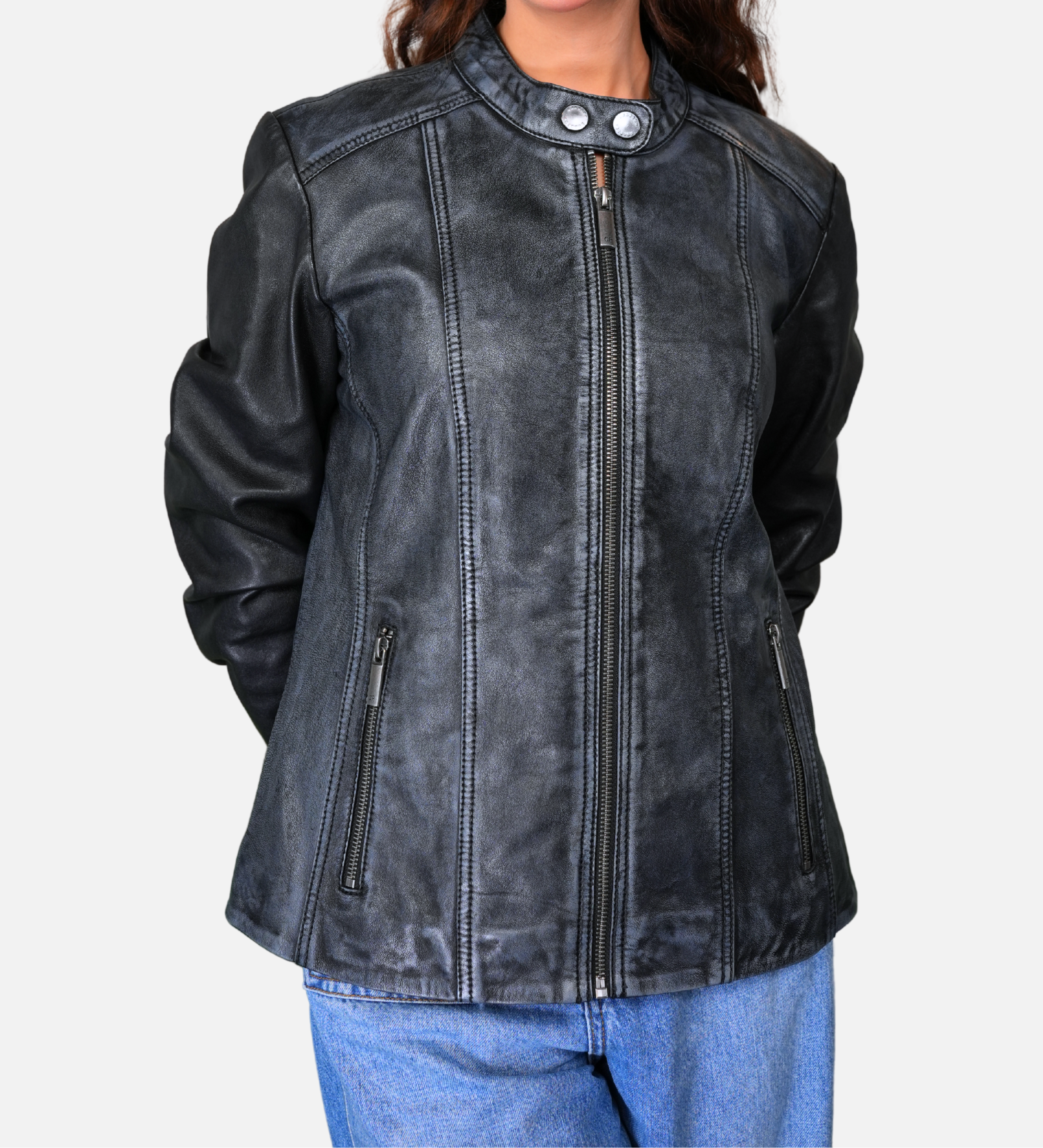 black distressed leather jacket womens