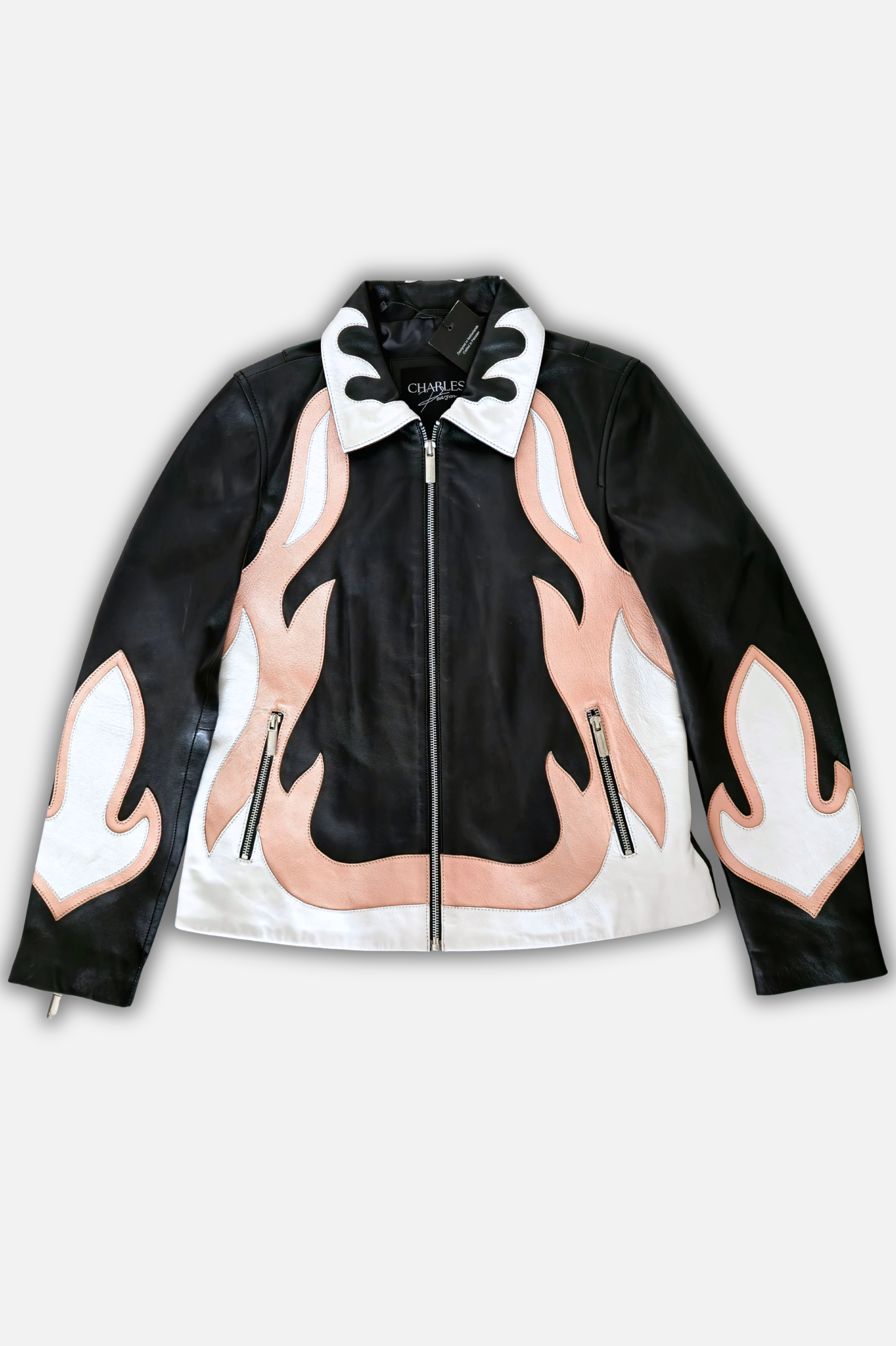 black leather jacket with flames