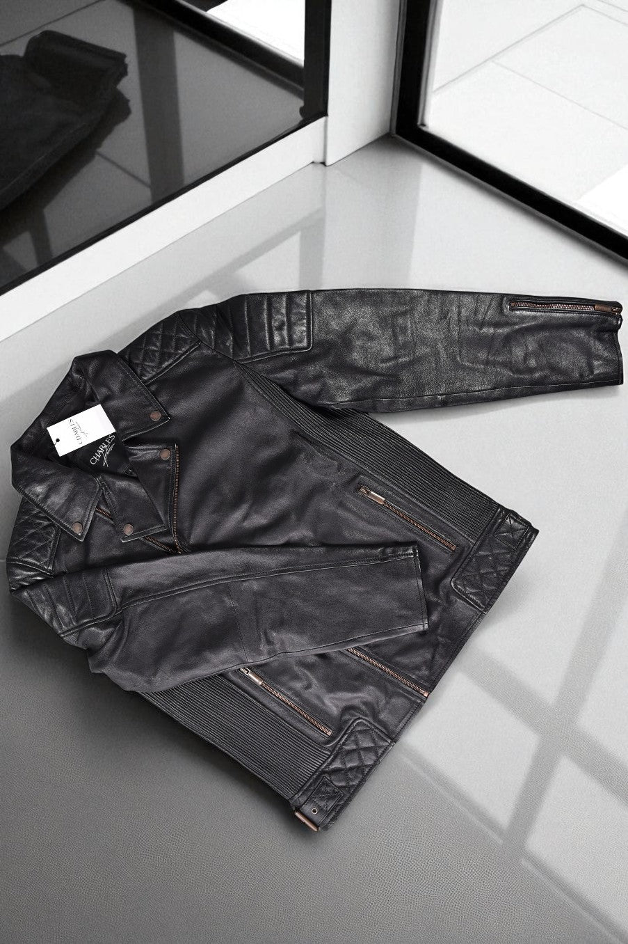 black leather moto jacket
