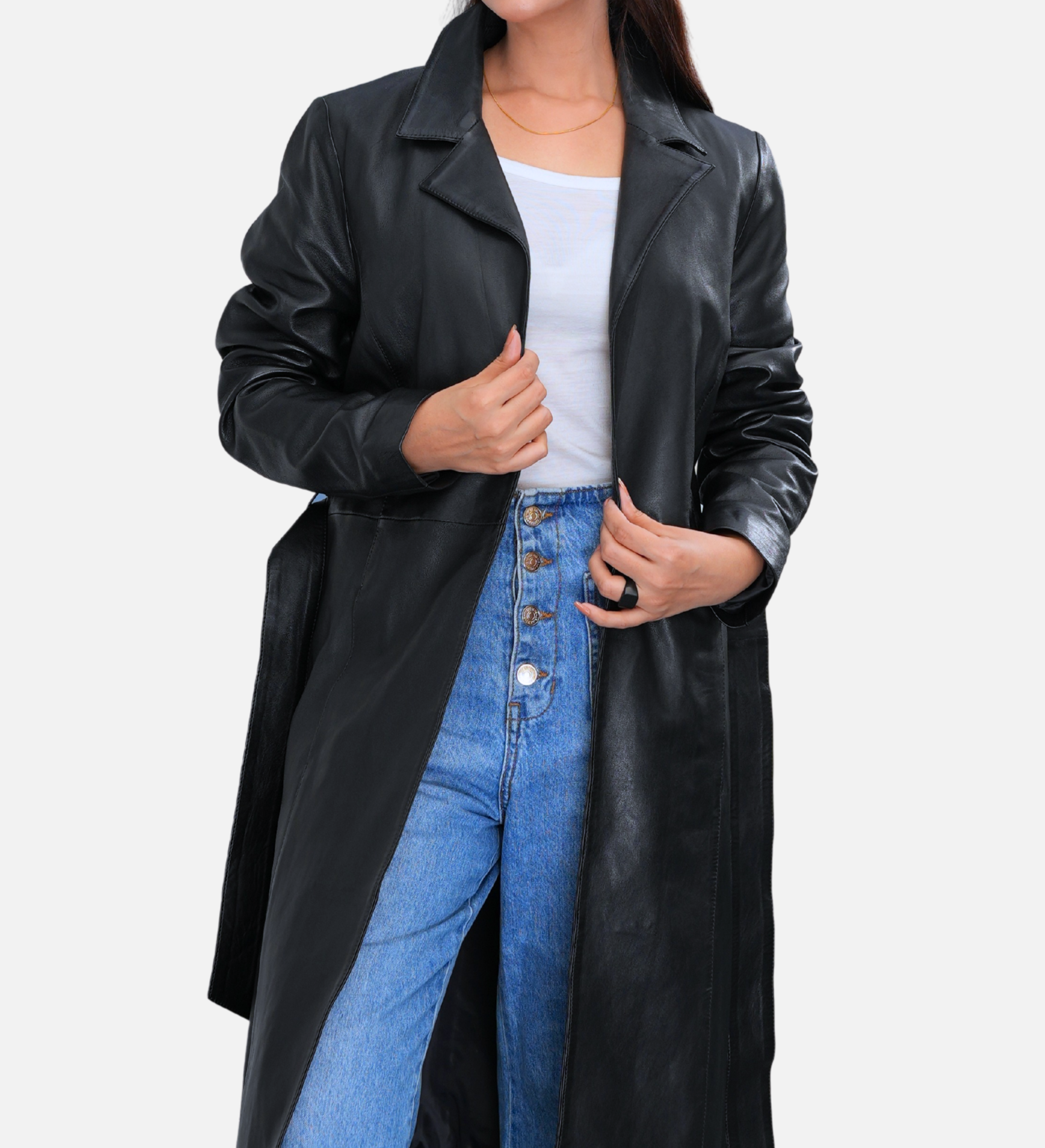 black leather trench coat for women