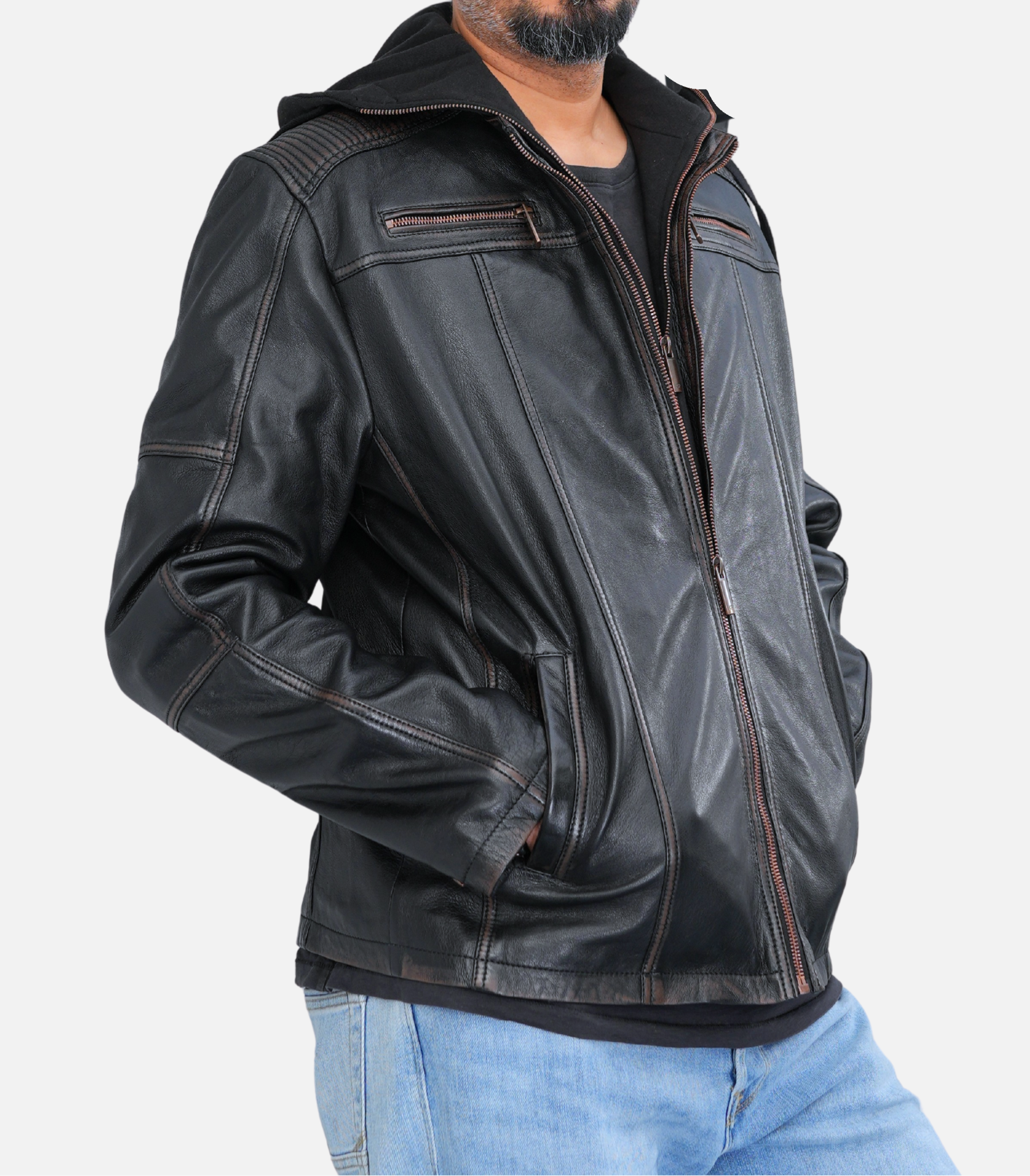 black mens distressed leather jacket