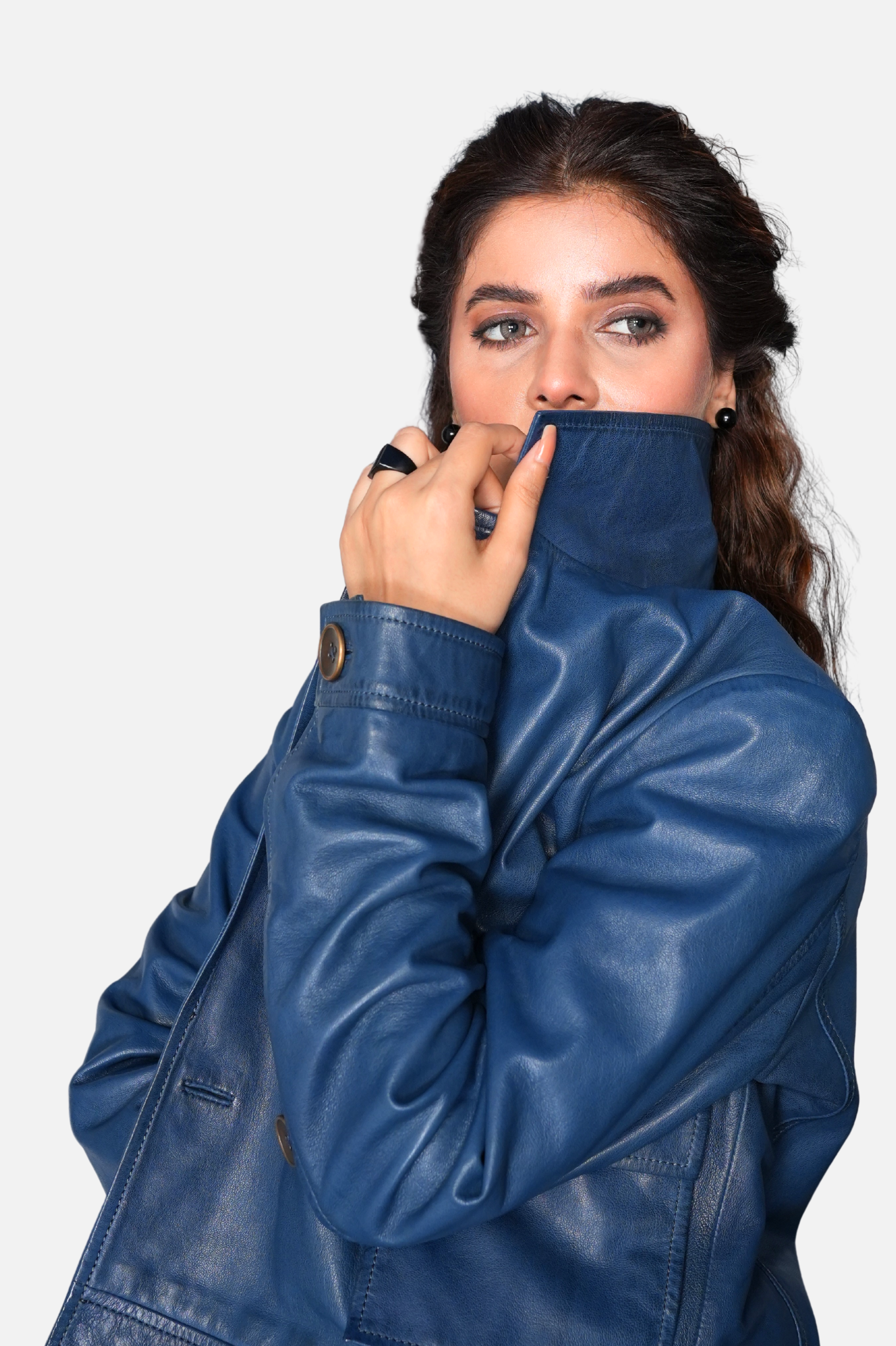 blue crop leather jacket for women