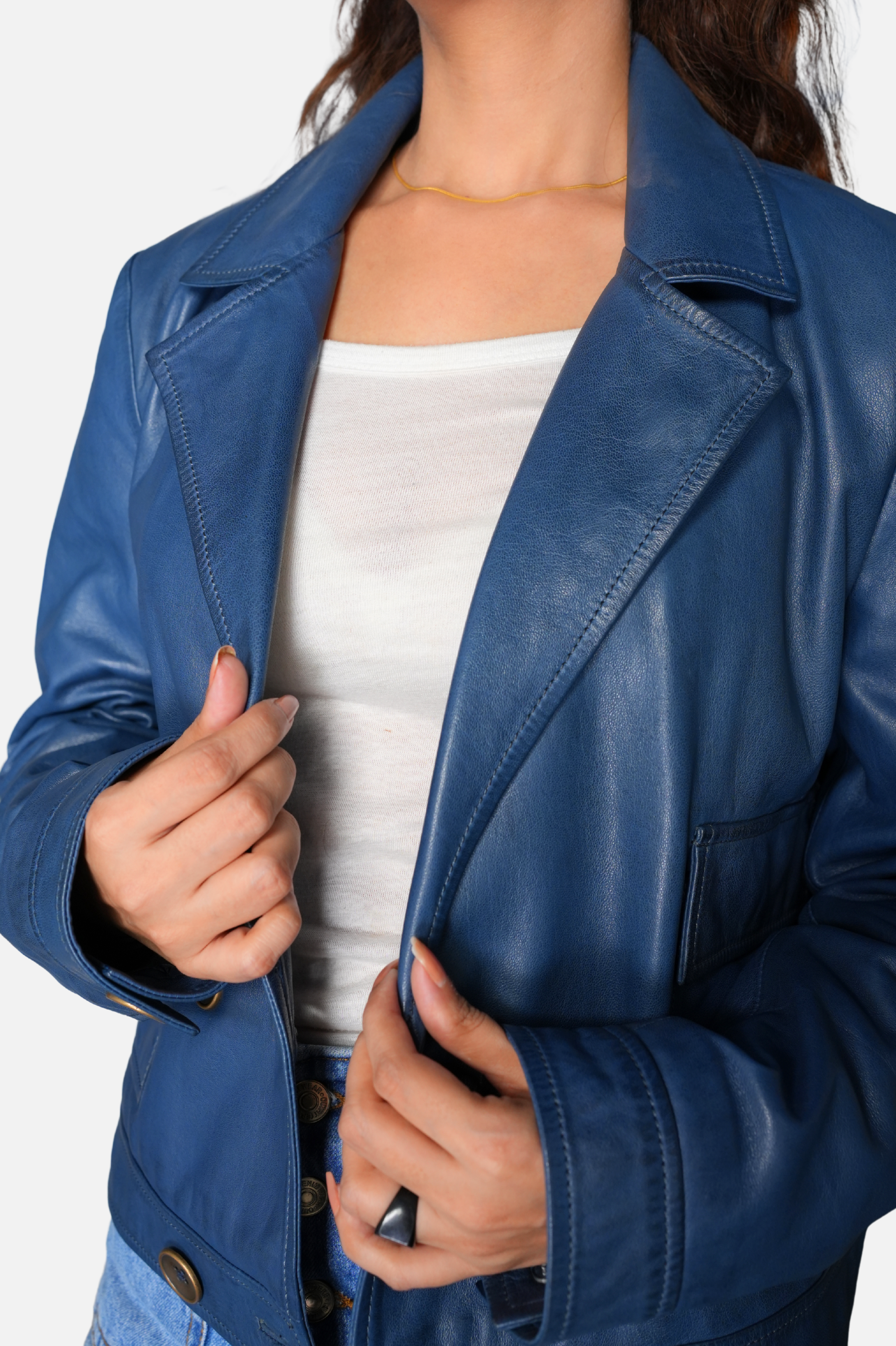 blue cropped leather jacket for her