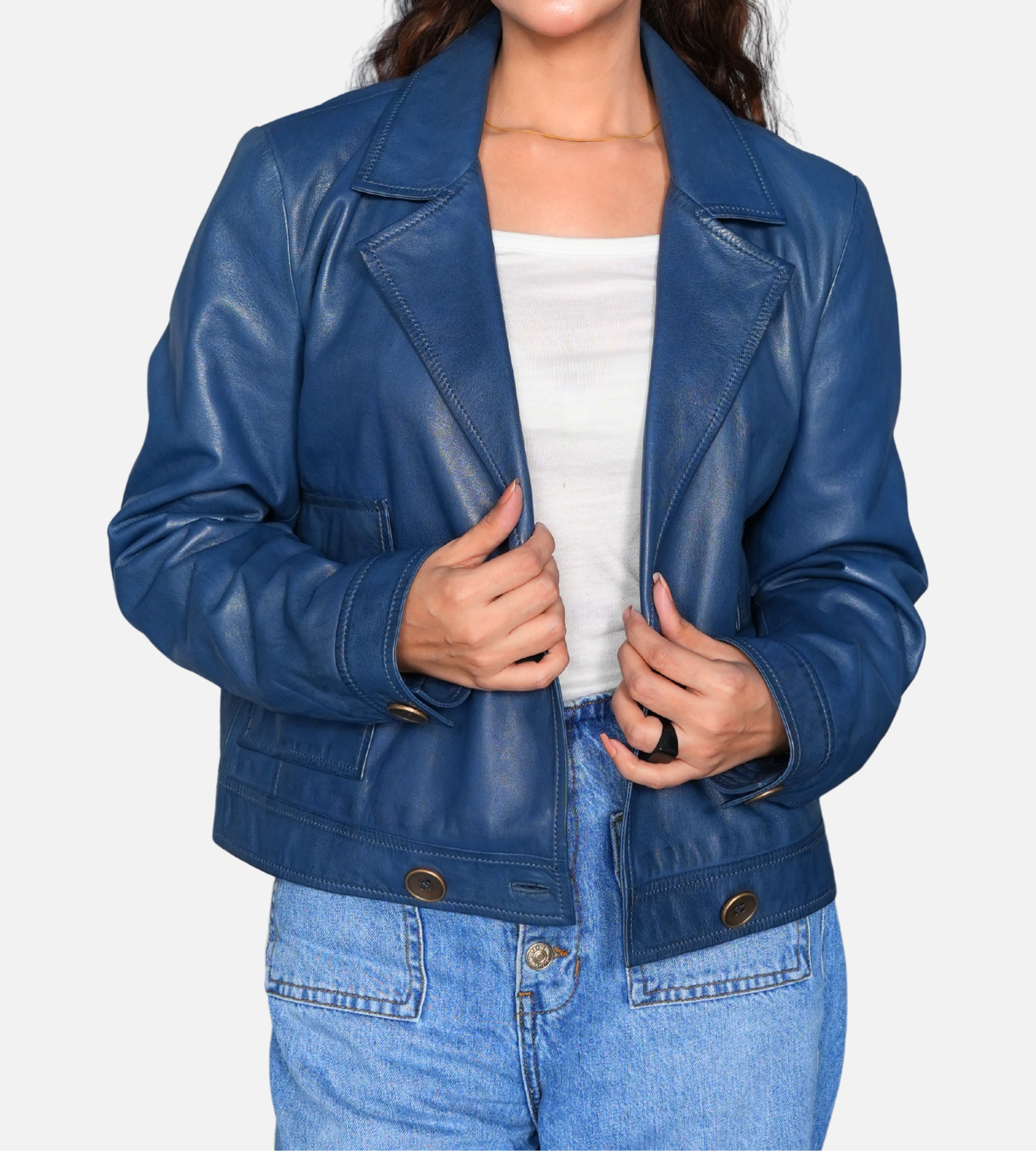 blue cropped leather jacket for women