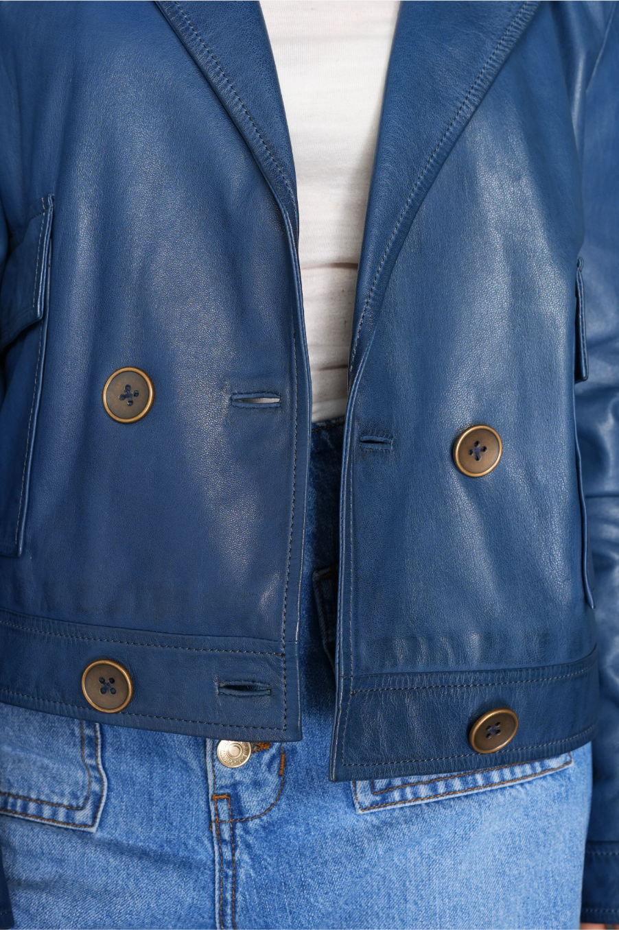 blue cropped leather jacket womens