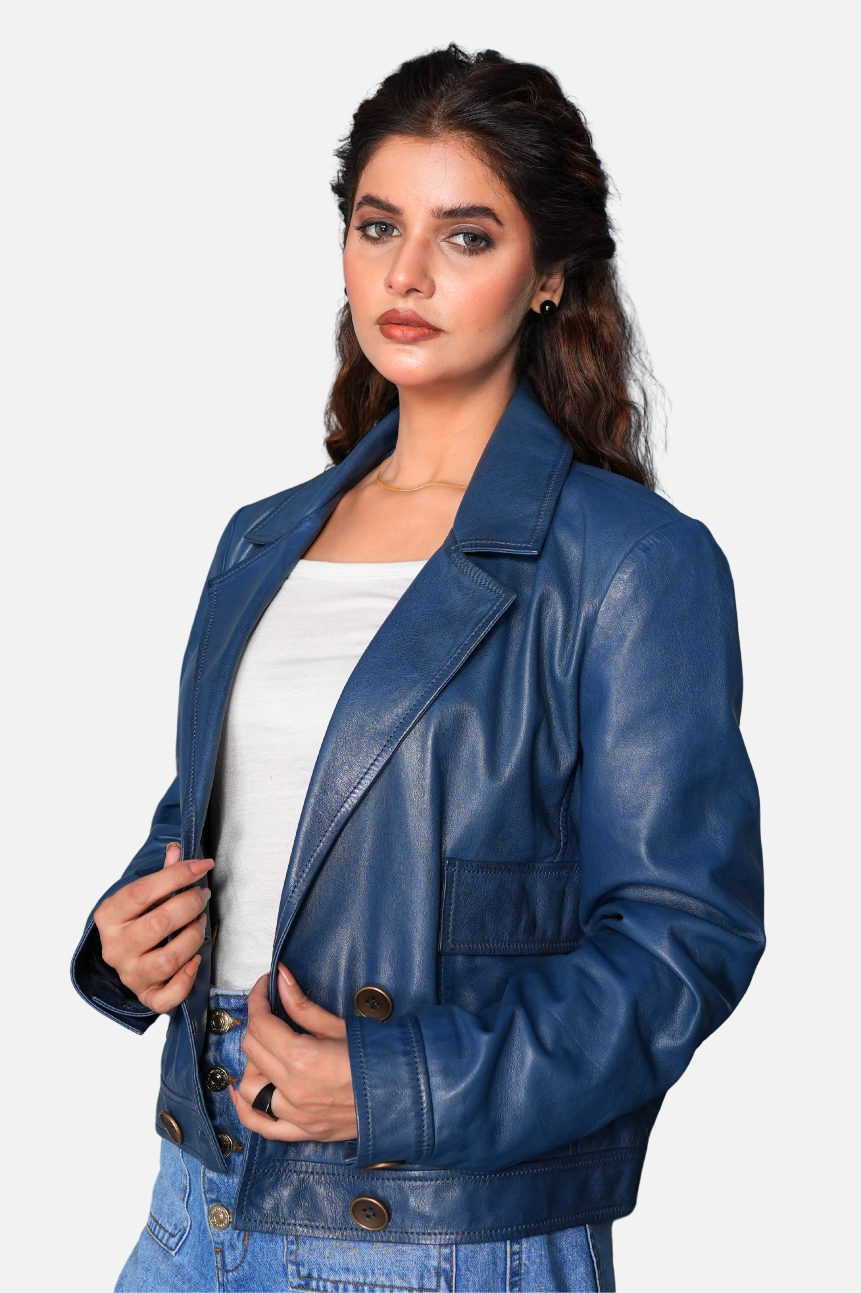 blue cropped trench jacket