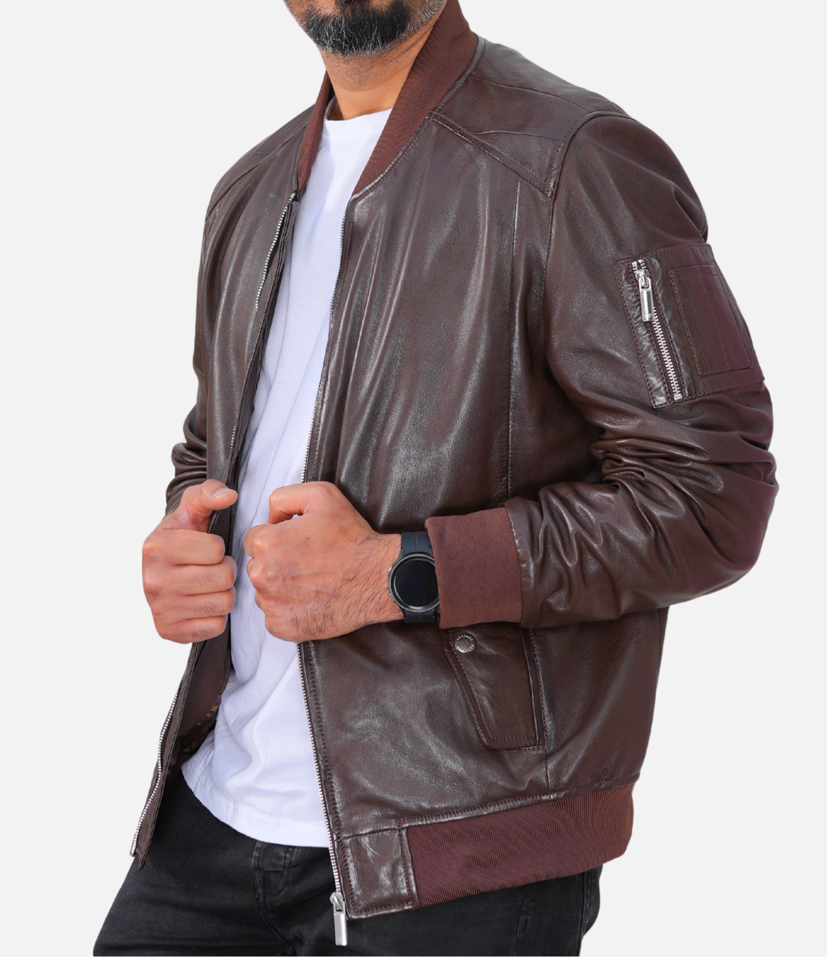 brown leather bomber jacket men