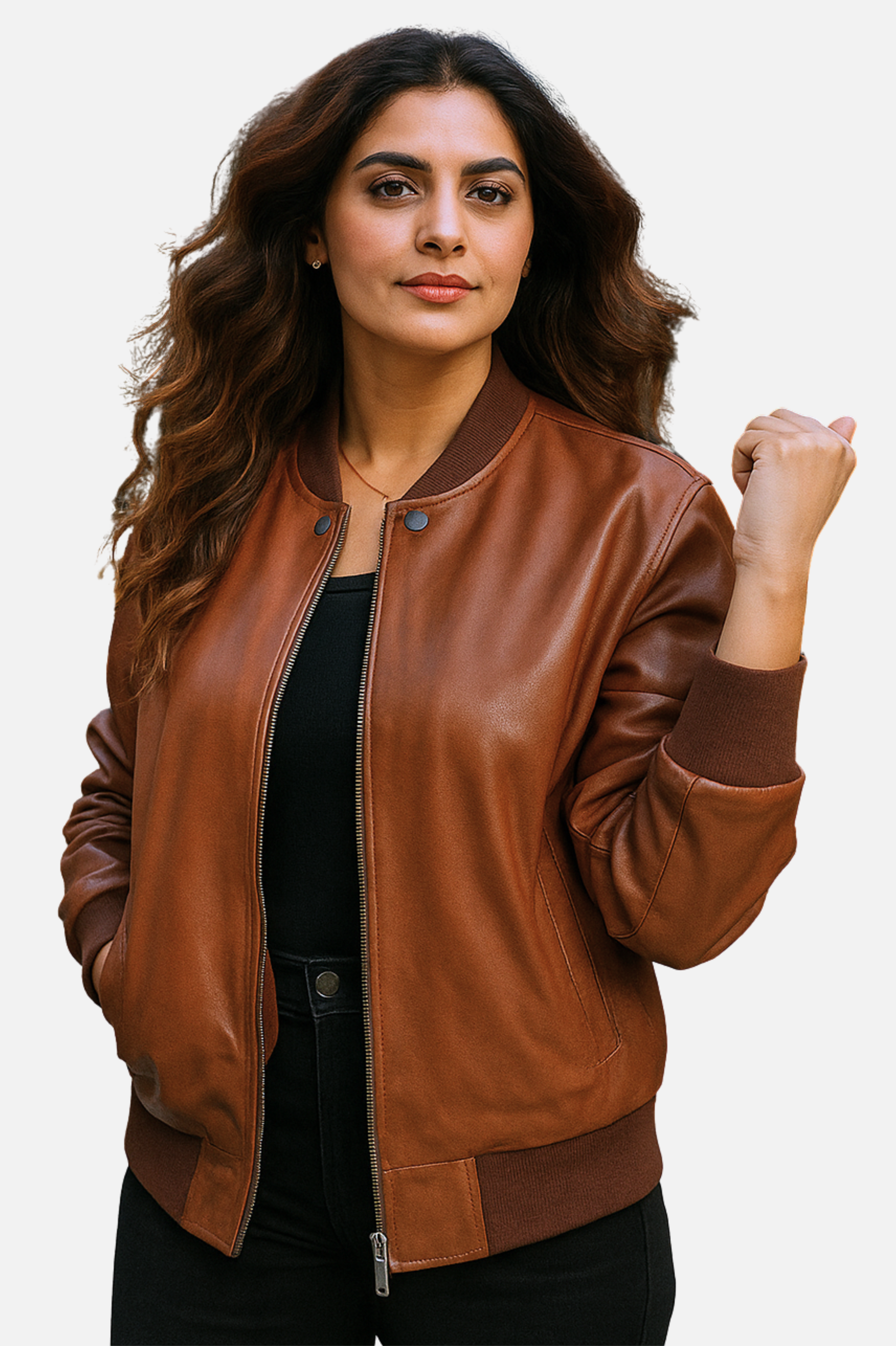 brown leather bomber jacket women
