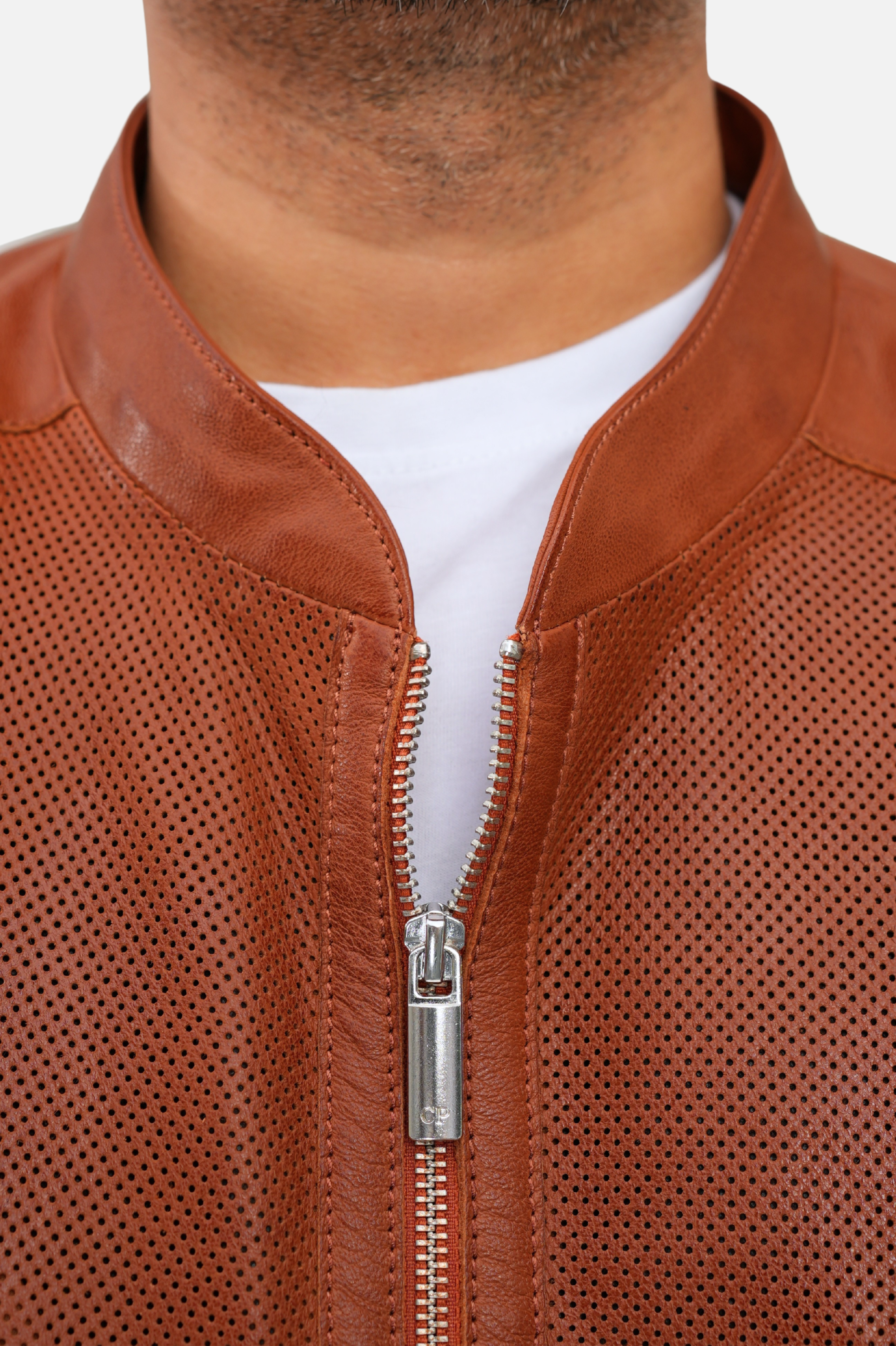 brown perforated leather jacket for men 