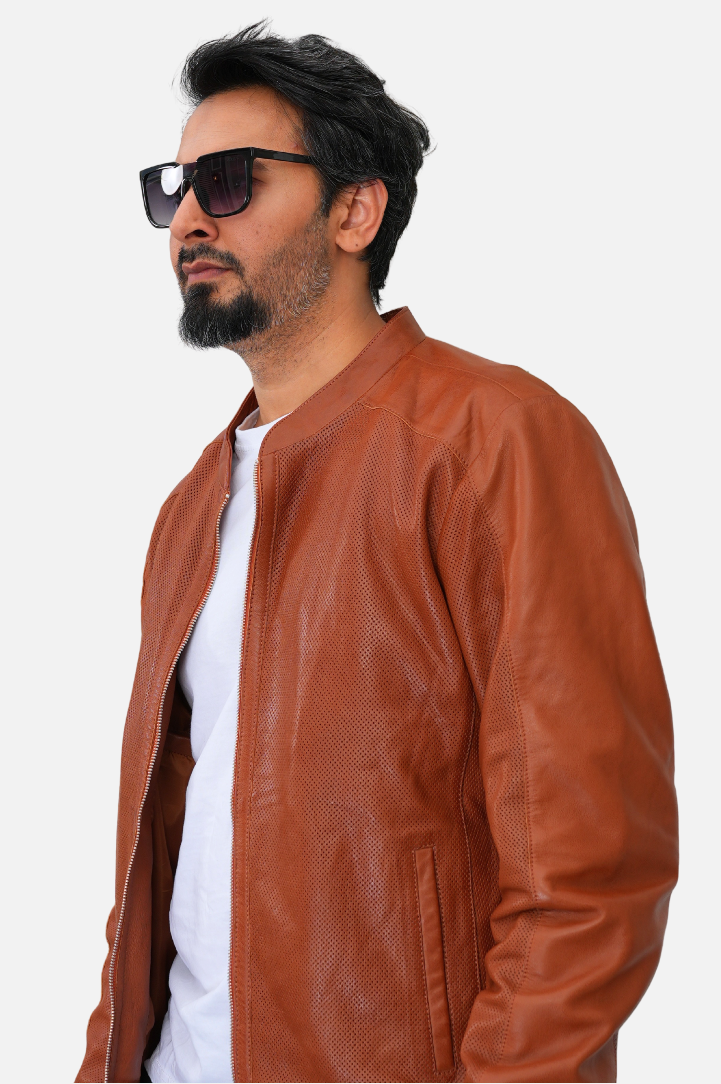 brown perforated moto leather jacket for men