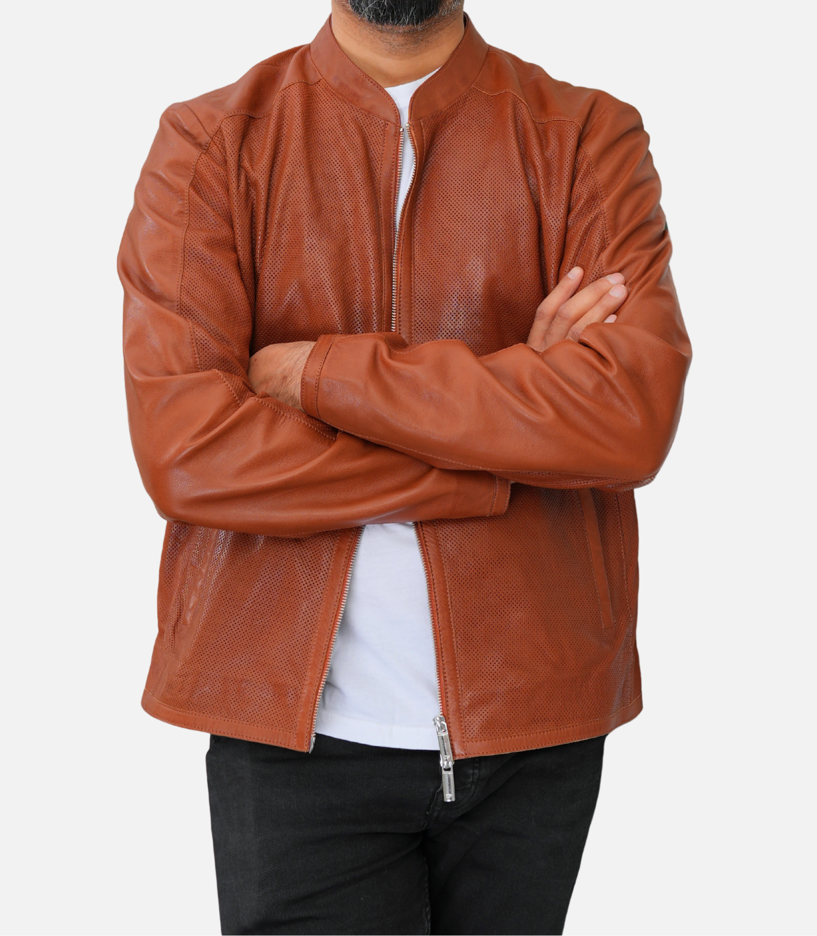 brown perforated motorcycle leather jacket for men