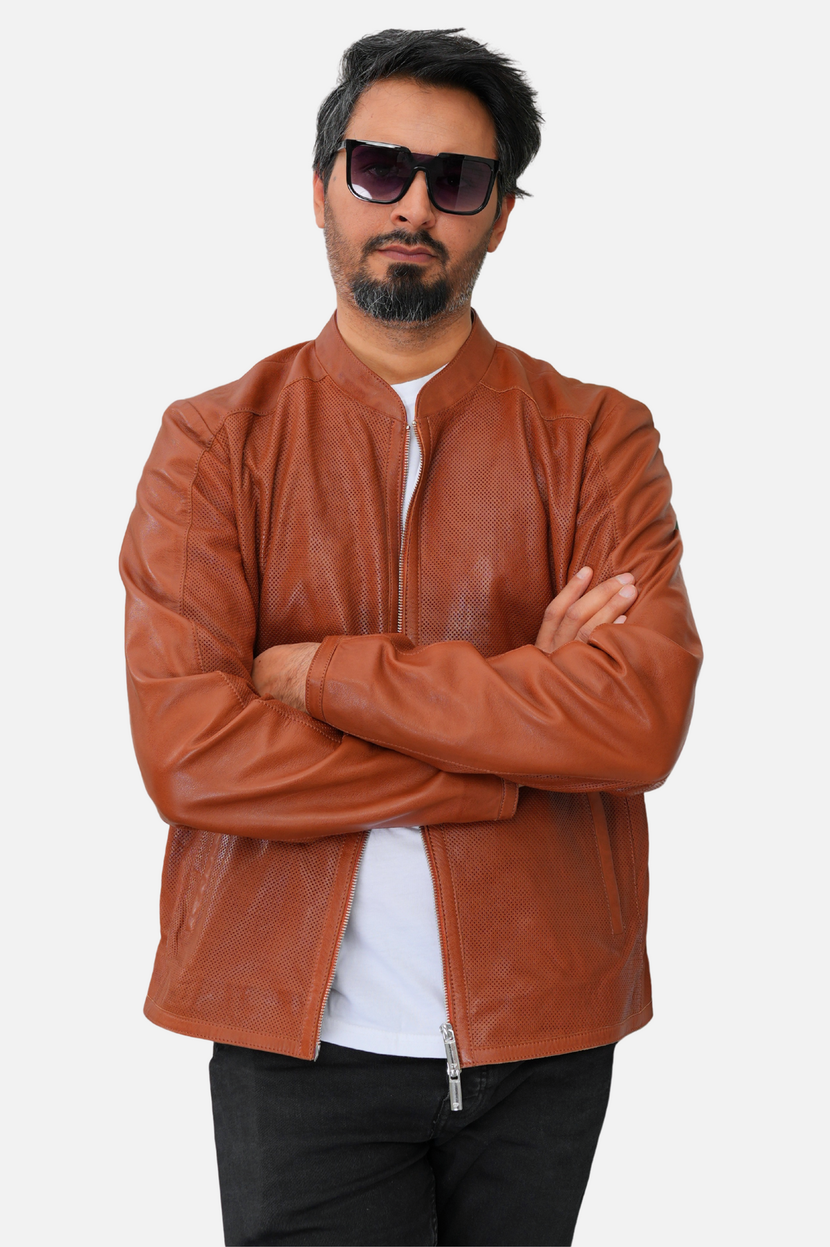 brown perforated motorcycle leather jacket for men