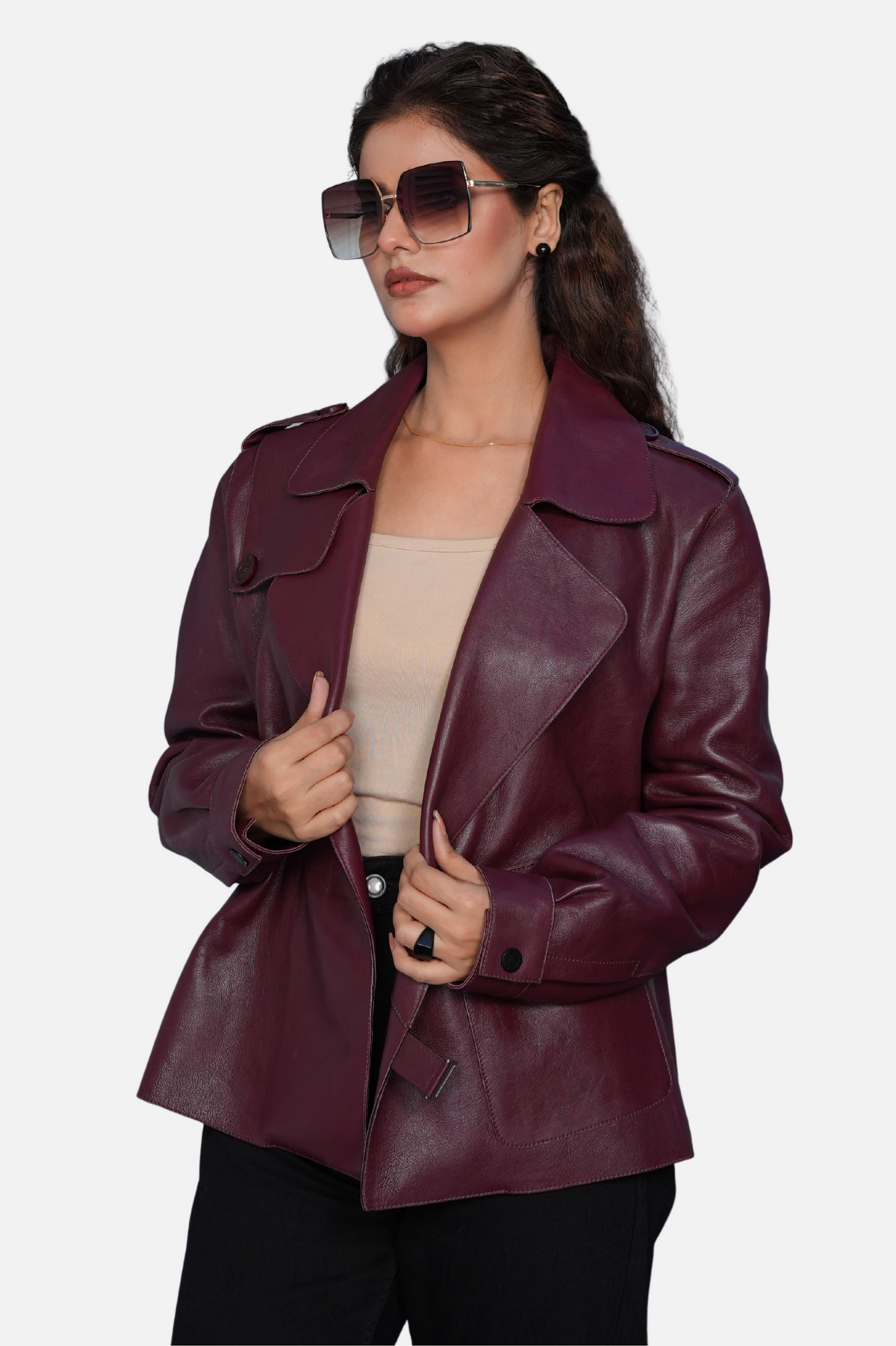 burgundy real leather biker jacket for women