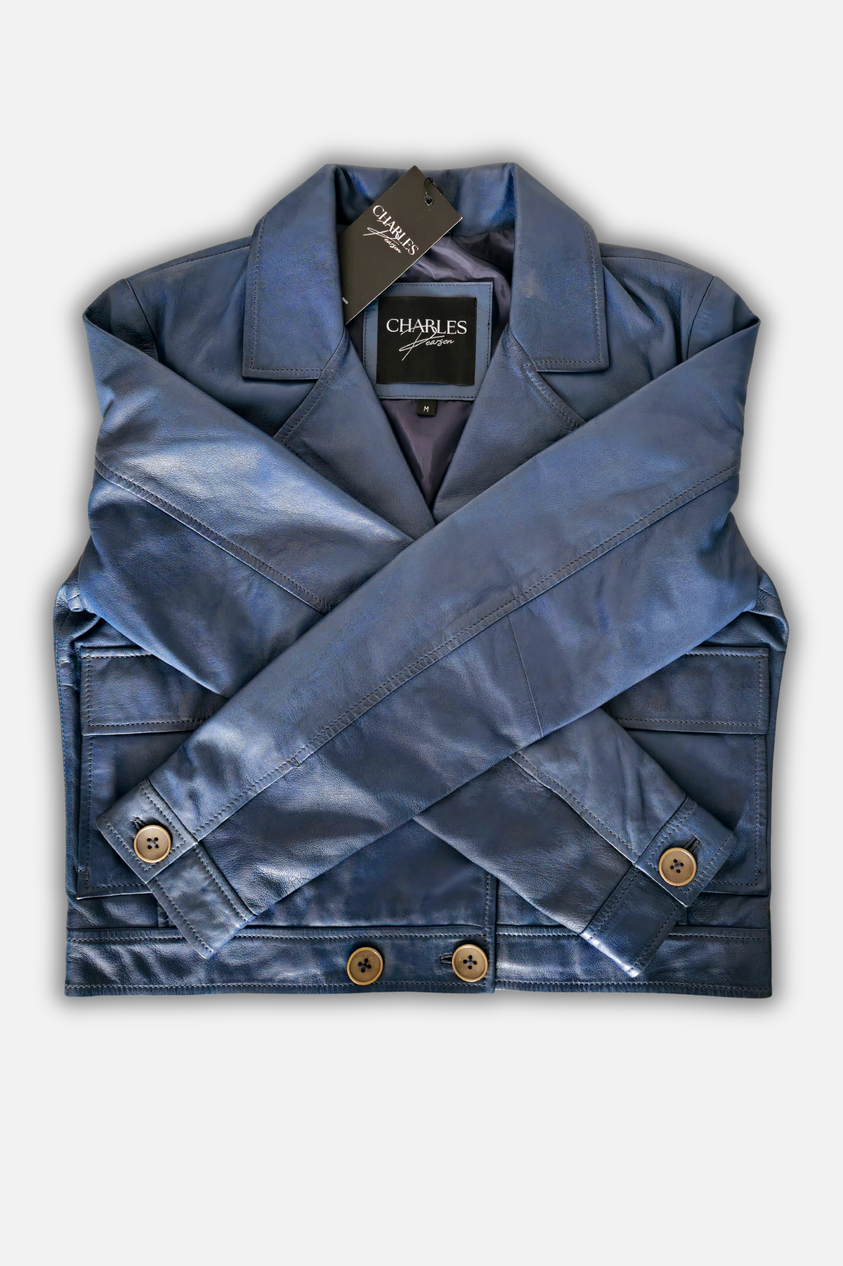 cropped blue leather jacket