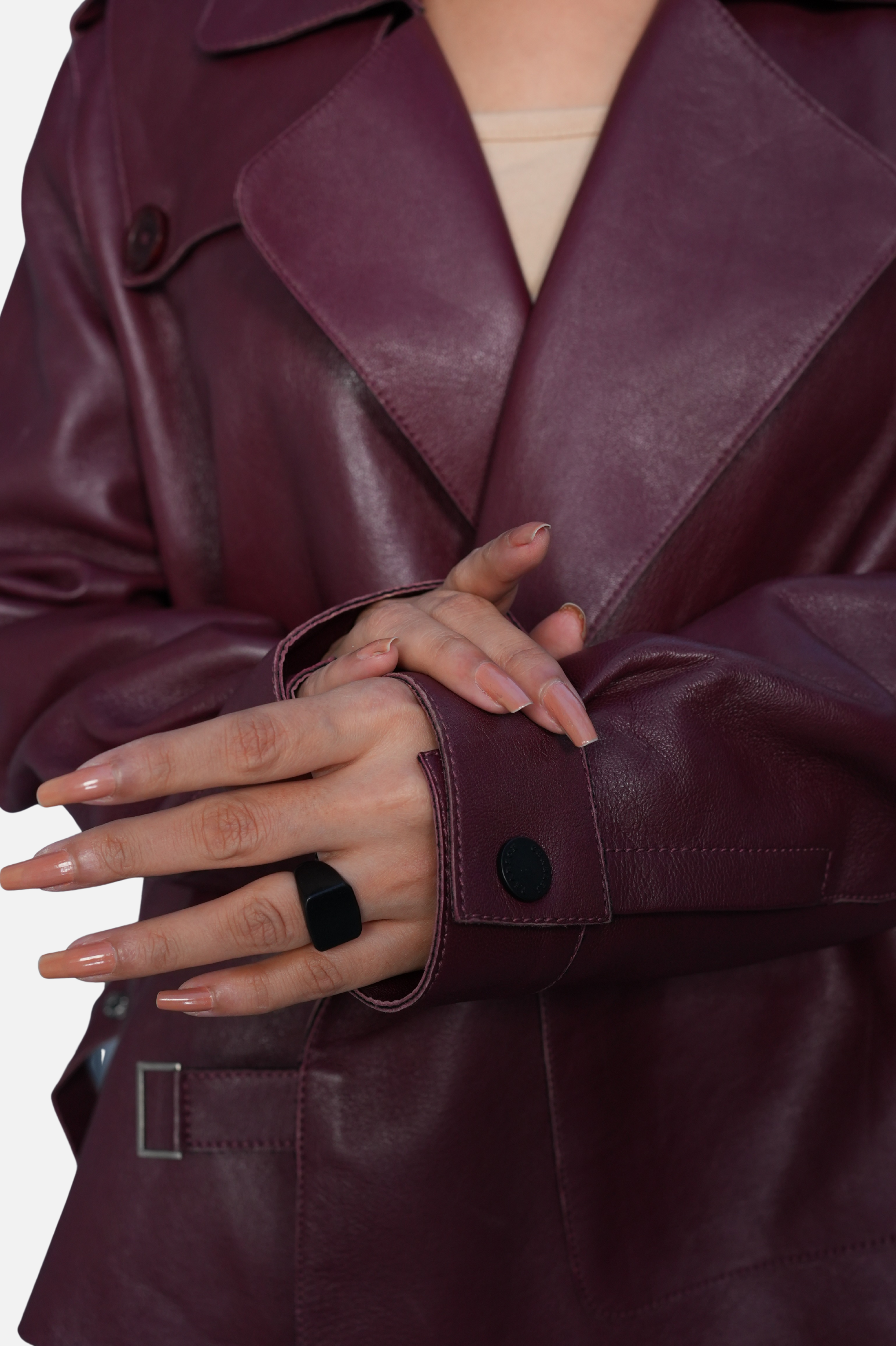 double breasted burgundy ladies cropped leather jacket