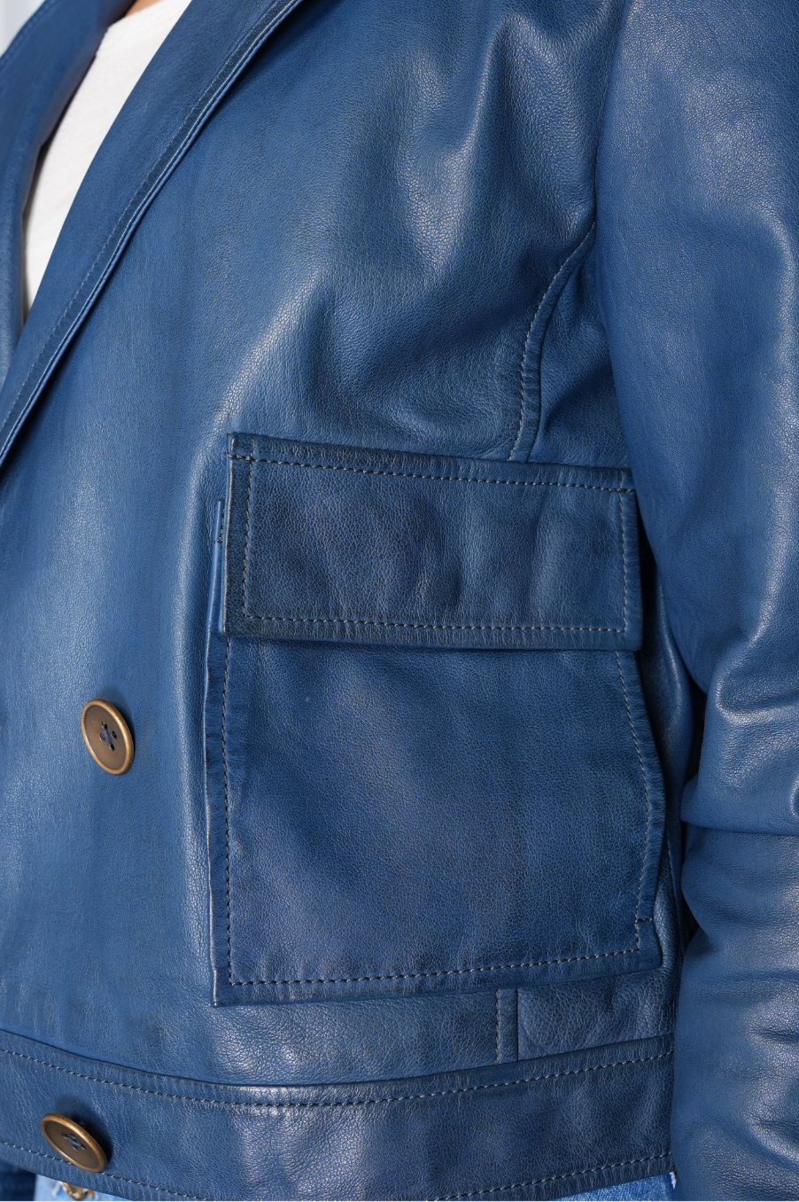 ladies cropped leather jackets in blue