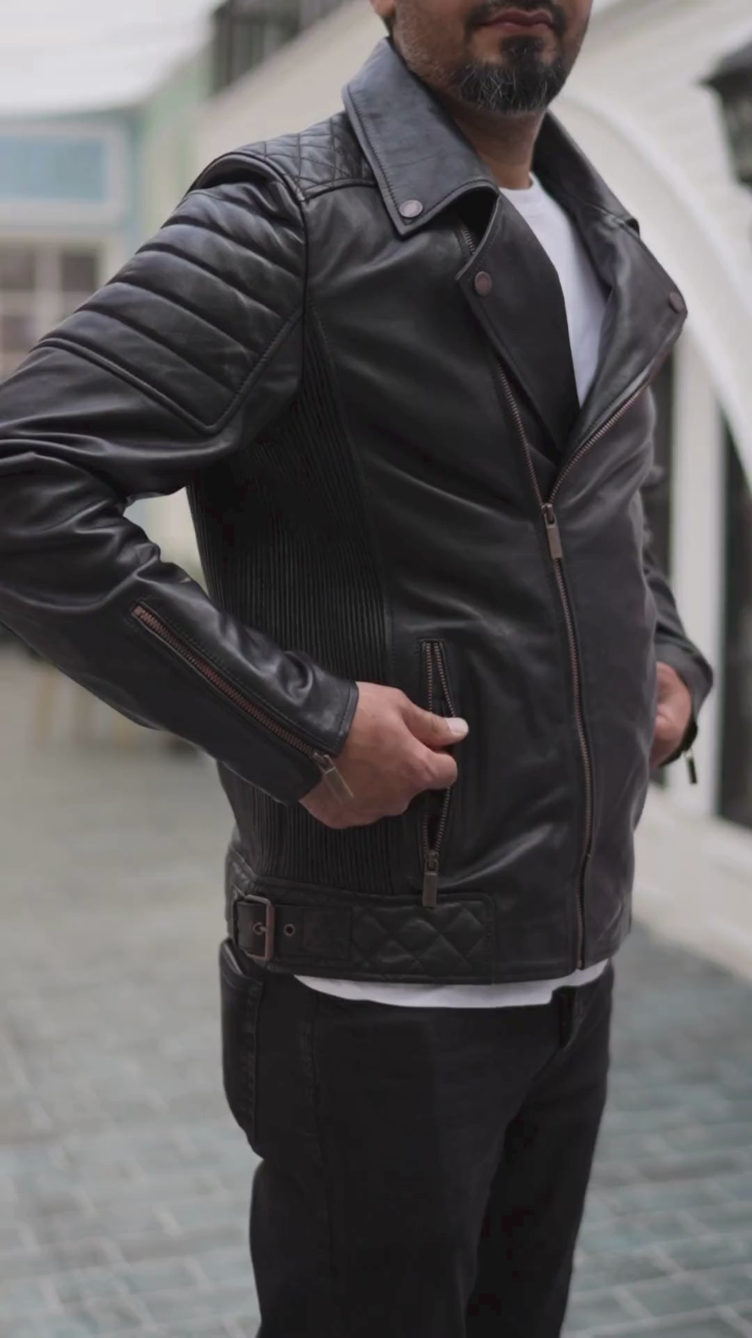 Black Mens Quilted Leather Motorcycle Biker Jacket