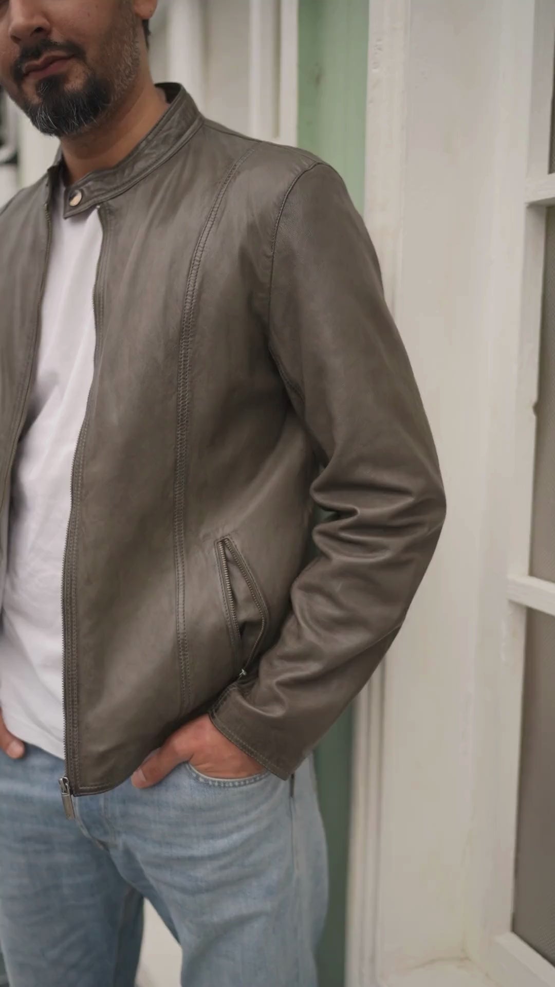 Gray Genuine Cafe Racer Lightweight Leather Moto Jacket Mens