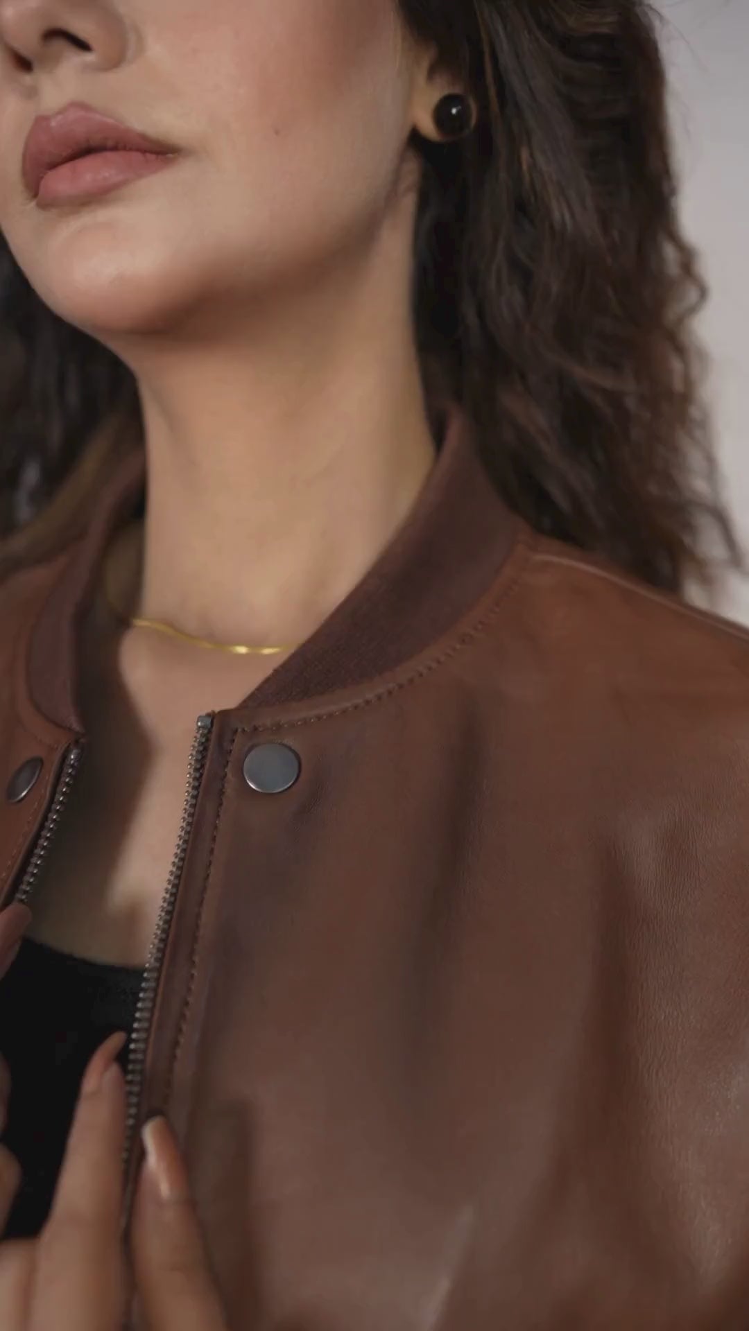 Brown Lambskin Leather Zip Up Cropped Bomber Jacket Women