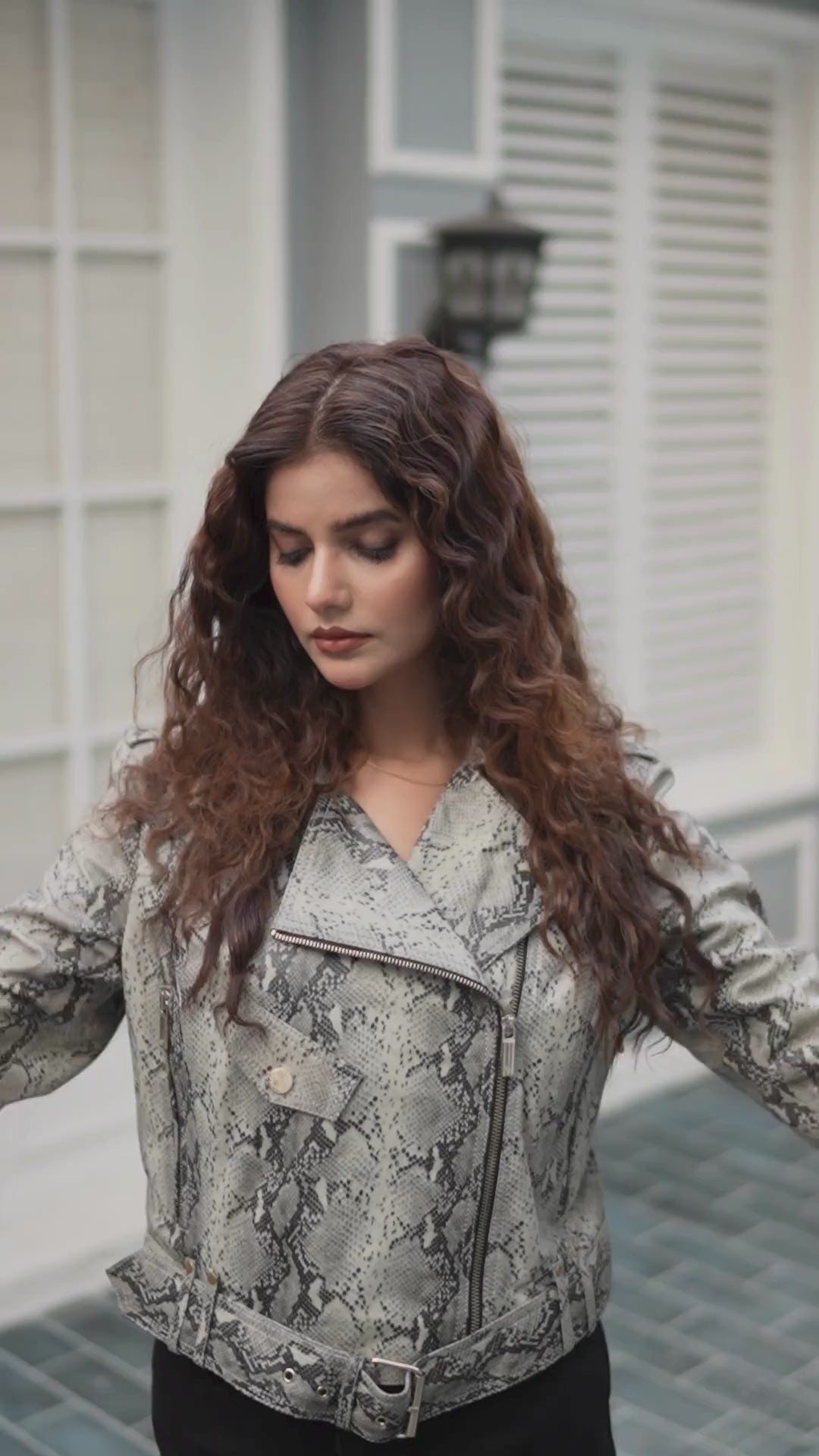 Python Snakeskin Cropped Vintage Zipped Leather Jacket Gold Zipper Women