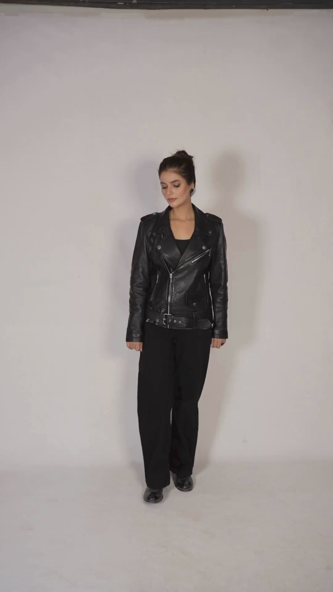 Black Leather Biker Jacket Women With Belted Waist And Zip