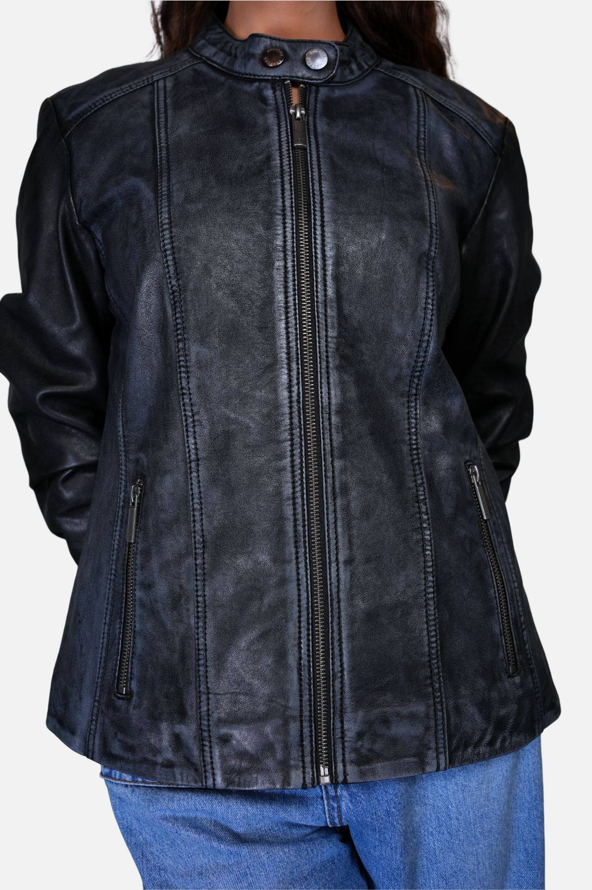 vintage black denim leather jacket for women