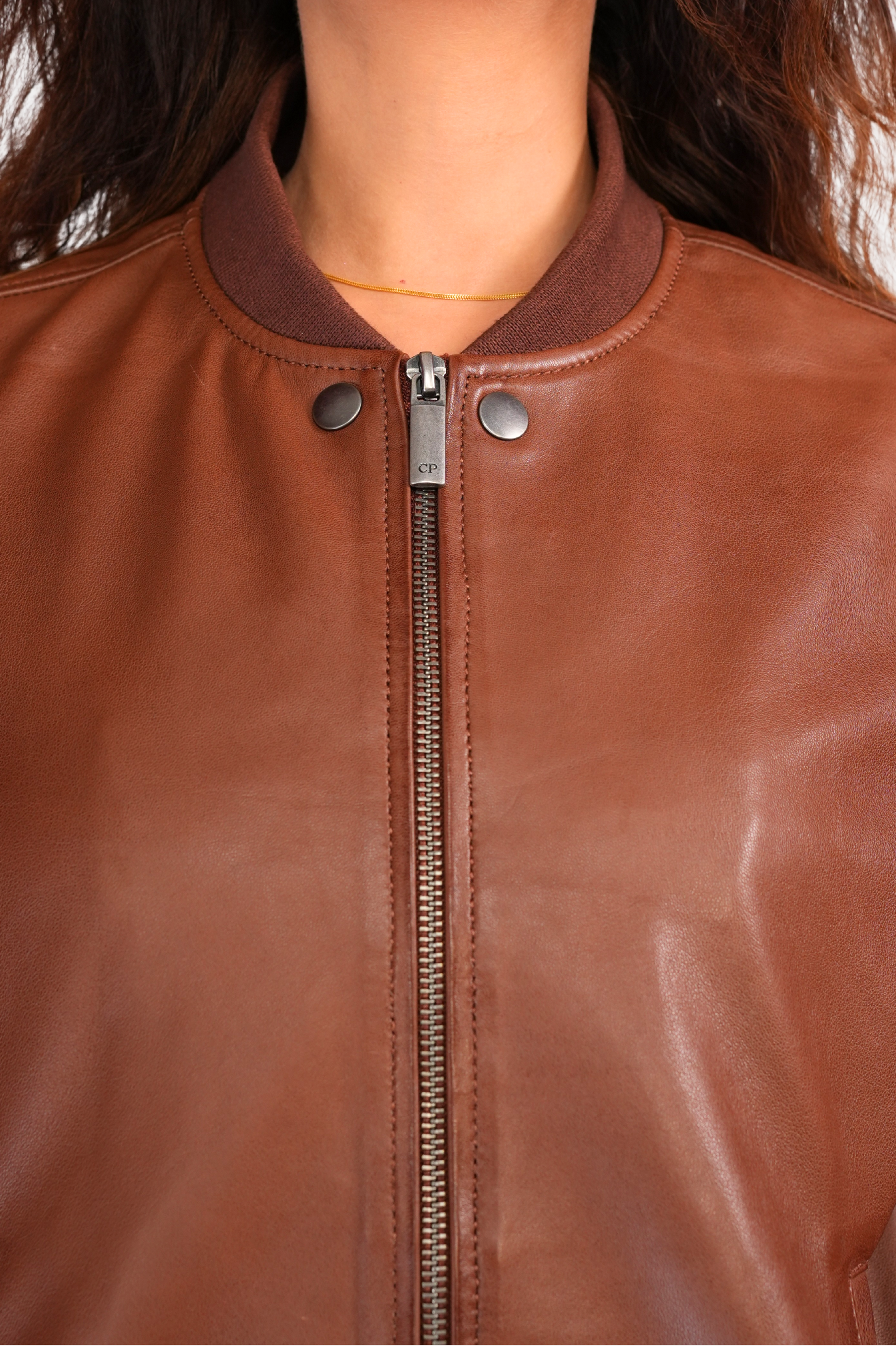women's brown leather bomber jacket